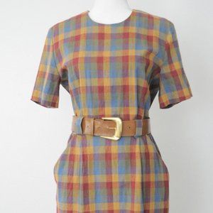 Vintage Plaid Pencil Sheath Dress with Belt